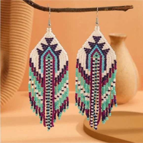 New Southwestern Boho Intricate Handmade Beaded Earrings - Picture 7 of 12